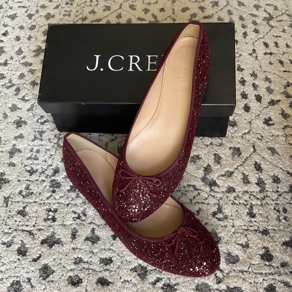 J Crew Burgundy Glitter Kiki Ballet Flats Size 10